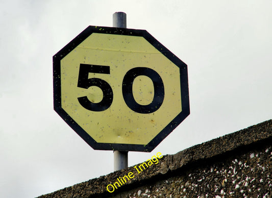 Photo 6x4 Railway speed limit sign, Whitehead Octagonal, black on yellow, c2010